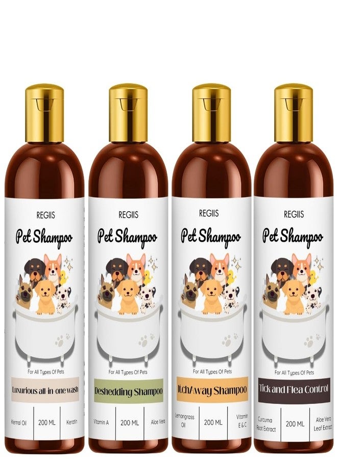 REGIIS Pet Shampoo Set, 200 ML, All-in-One Wash, Deshedding, Itch Away, Tick and Flea Control Formula with Aloe Vera, Keratin, Vitamin A and E, 4 Pack - Image 1